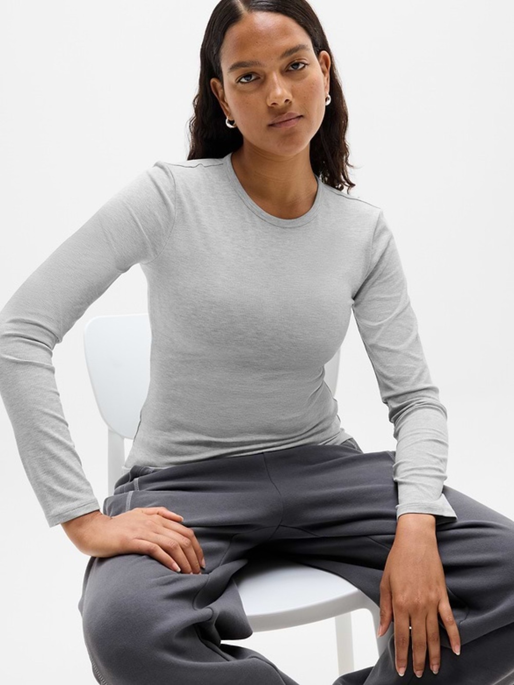 Athleta Signature Ribbed Top Long-Sleeve Crew Top - Heathered Light Gray